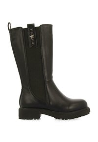 Bota de cuero negra hasta la rodilla con panel elástico, suela texturizada y acento en forma de estrella. Superficie lisa y construcción resistente.