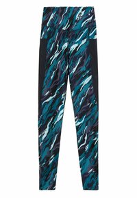 Legginsy z wysokim stanem w niebiesko-czarnym abstrakcyjnym wzorze, wykonane z elastycznej tkaniny zSiateczkowymi panelami po bokach dla lepszej wentylacji.