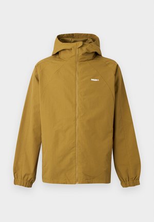 Lightweight hooded jacket in mustard yellow with a front zipper, elastic cuffs, and a logo on the chest; smooth texture and minimalist design.