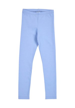 Hellblaue Leggings mit elastischem Bund und glatter Oberfläche, entworfen für eine enge, bequeme Passform von der Taille bis zu den Knöcheln.