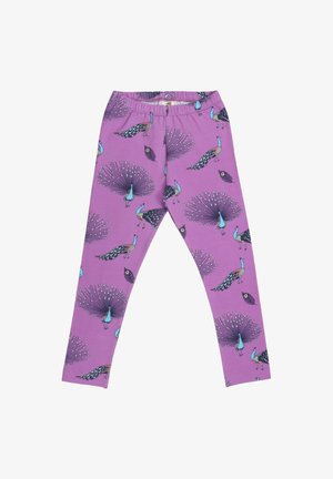 Purple leggings featuring a peacock pattern with blue and black accents, detailed tail feathers, and a soft, stretchy fabric.