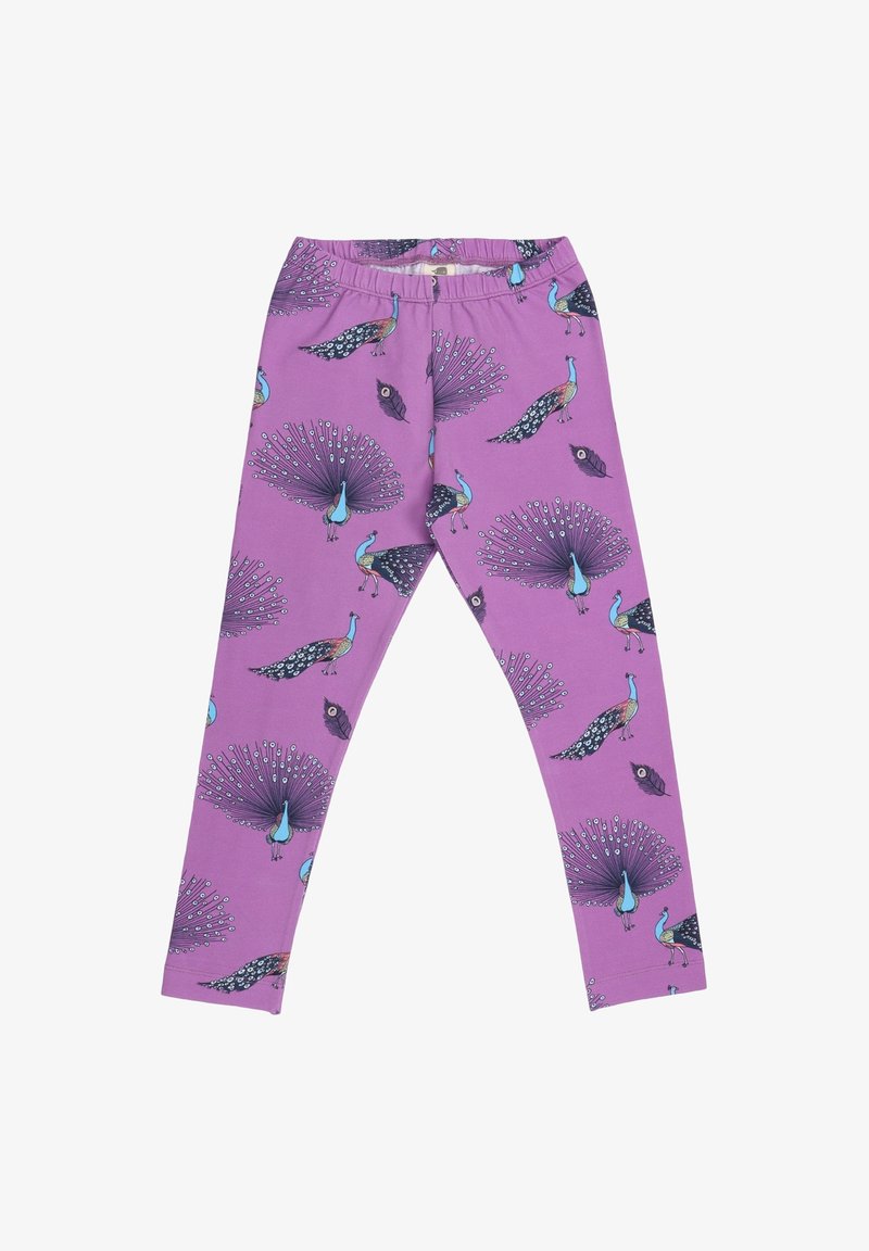 Lila Leggings mit einem Pfauenmuster, blauen und schwarzen Akzenten, detaillierten Schwanzfedern und einem weichen, dehnbaren Stoff.