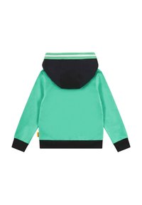 Felpa verde menta con cappuccio blu navy, polsini neri e dettaglio a righe orizzontali sul cappuccio. Texture liscia e design sportivo.