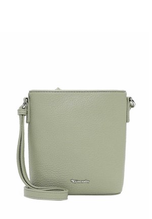 Light gray-green textured leather crossbody bag with silver logo plaque and adjustable strap looped on left side.