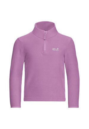 Pull polaire lilas à manches longues avec demi-fermeture éclair et col montant, avec petit logo blanc Jack Wolfskin sur la poitrine gauche.