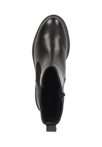 Bottine en cuir noir avec des panneaux latéraux élastiques, texture lisse, bout arrondi et tirant à l'arrière. Design minimaliste.