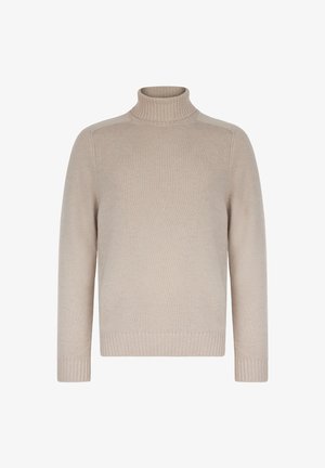 Beiger gestrickter Rollkragenpullover mit langen Ärmeln, gerippten Bündchen und Saum, präsentiert vor einfarbigem Hintergrund.