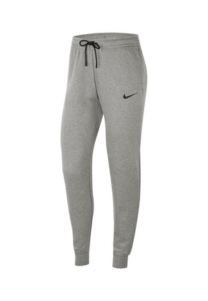 Grey tapered sweatpants with black drawstring waist and black Nike swoosh logo on left thigh, ribbed ankle cuffs.