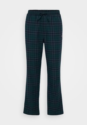 Pantalons de pyjama à carreaux verts avec une coupe décontractée, ceinture élastique et cordon de serrage. Présente des accents bleu marine foncé et des lignes blanches verticales dans le motif.