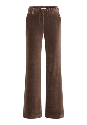 Brown corduroy wide-leg pants with a smooth texture, featuring a fitted waistband and front pockets, designed for a relaxed fit.