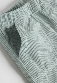 Bløde corduroy-shorts i en lys mintfarve. Har plisserede frontlommer, elastisk talje og et struktureret ribmønster.