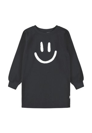 Svart sweatshirtkjole med lange ermer, med et teksturert hvitt smilefjesdesign på forsiden. Myk stoff, avslappet passform, ribbede mansjetter.