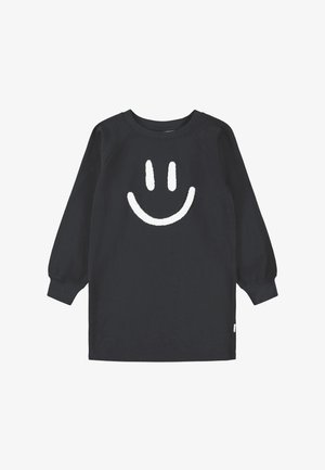 Robe sweatshirt noire à manches longues, avec un motif de smiley texturé blanc sur le devant. Tissu doux, coupe décontractée, poignets côtelés.