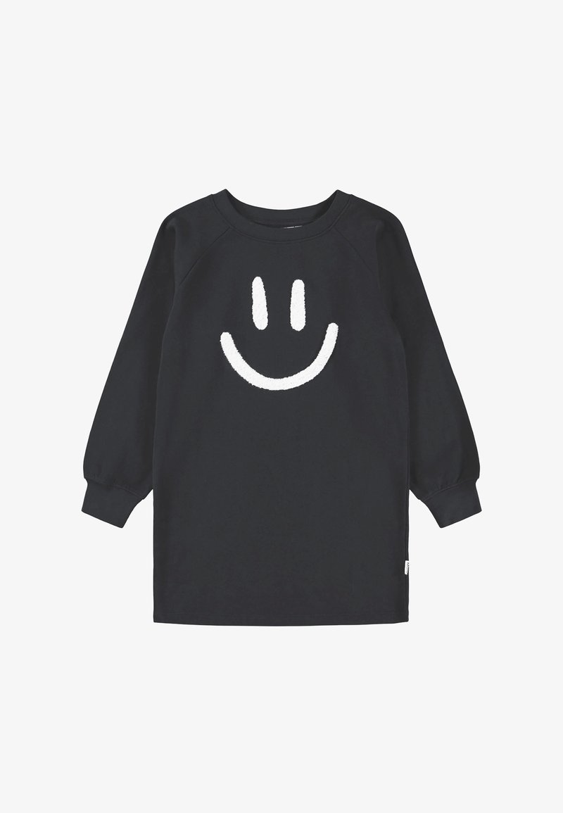 Črna obleka s kapuco in dolgimi rokavi, z belim nasmejanim obrazkom na sprednji strani. Mehka tkanina, sproščen kroj, rebrasti robovi.