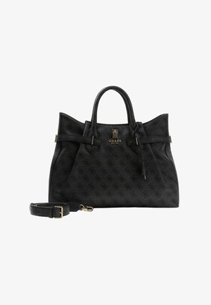 Sac à main Guess noir avec motif de logo embossé, design structuré, double poignée supérieure et bandoulière amovible. Accents de ferrures dorées.