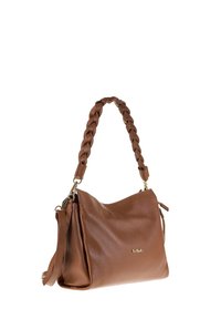 Borsa a tracolla in pelle marrone con texture a granuli, tracolla intrecciata, hardware in tonalità oro e piccolo logo dorato davanti.
