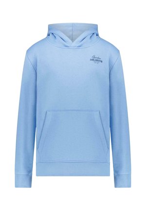 Lichtblauwe capuchontrui gemaakt van een zachte katoenmix, met een voorzak, geribbelde manchetten en een klein logo op de borst.