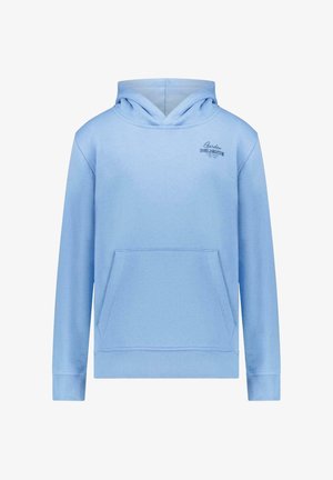 Lichtblauwe capuchontrui gemaakt van een zachte katoenmix, met een voorzak, geribbelde manchetten en een klein logo op de borst.