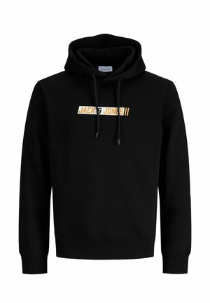 Sweat à capuche noir avec cordons à l’avant et logo "Jack & Jones" blanc et orange sur la poitrine.