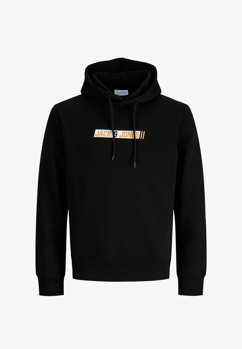 Sweat à capuche noir avec cordons à l’avant et logo "Jack & Jones" blanc et orange sur la poitrine.
