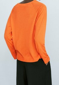 Oranges Strickpullover mit lässiger Passform, Raglanärmeln und gerippten Bündchen und Saum, kombiniert mit schwarzen Hosen, von hinten gezeigt.