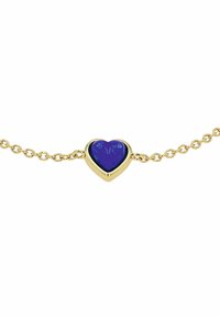 Bracciale in oro con pietra a forma di cuore viola, superficie liscia e finitura lucida per un aspetto raffinato.
