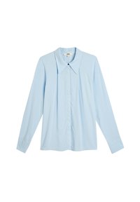 Blusa de manga larga azul claro con cuello puntiagudo, frente plisado y cierre de botones. Confeccionada en una tela suave y con un ajuste relajado.