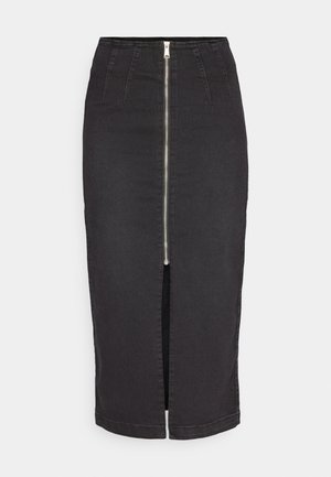 Svart denim midi-skjørt med glidelås foran, har en frontsplit, strukturert midje og subtile sømdetaljer.
