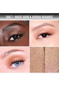 Palette di ombretti cosmetici con tonalità di bronzo e oro, caratterizzata da texture scintillanti. Include primi piani di tre look per gli occhi e un colore campione.
