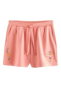 Helle rosa Baumwollshorts mit einem elastischen Bund, Kordelzug, Seitentaschen und bestickten Sonnen- und Cocktailmotiven auf der Vorderseite.