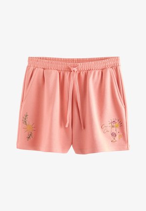 Gaiši rozā kokvilnas šorti ar elastīgu jostu, aukliņu, sānu kabatām un izšūtiem saules un kokteiļa motīviem priekšpusē.
