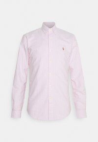 Košile na knoflíky ve růžových a bílých pruzích, z bavlněného materiálu, s dlouhými rukávy, s límečkem, s malým vyšitým logem na hrudi.