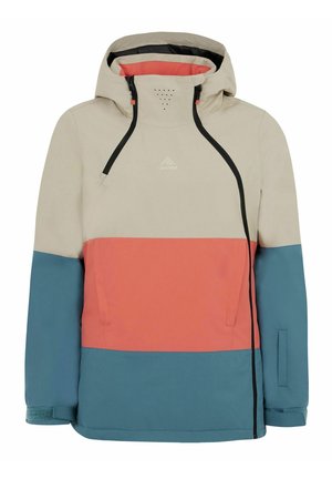 Kleur-geblokte jas met beige, koraal en teal panelen. Gemaakt van gladde stof met een ritssluiting aan de voorkant en een verstelbare capuchon.