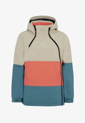 Veste color-block avec des panneaux beige, corail et teal. Fabriquée en tissu lisse avec une fermeture éclair à l'avant et une capuche réglable.