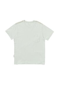 Lichtgroene katoenen t-shirt met korte mouwen, voorzien van een borstzak en schouderaccenten met gouden strepen. Klassiek rondenek ontwerp.