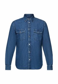 Camisa de mezclilla, azul oscuro, de manga larga, con cuello abotonado, dos bolsillos en el pecho con solapas, detalles de botones plateados, diseño clásico.