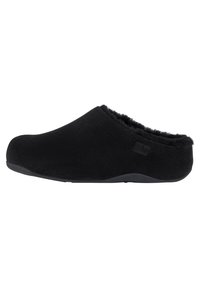 Black slip-on clogs with a soft, plush lining. Smooth exterior, rounded toe, and durable black sole. Minimalist design, no visible hardware.