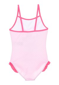 Roze badpak met stippen, voorzien van verstelbare dunne bandjes, rimpelaccenten aan de onderzijde en een witte netvoering aan de bovenkant.