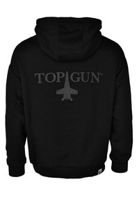 Svart hoodie med en stor grå "TOP GUN"-logotyp och en flygplanssilhuett på baksidan, med dragsko i huvan och ribbade muddar.