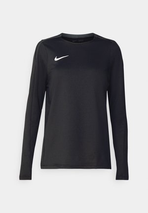 Svart langermet treningsskjorte med rund hals og hvit Nike-logo på øvre venstre bryst, laget av glatt, lett materiale.