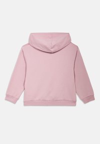 Pink cotton hoodie with a hood, long sleeves, and ribbed cuffs and hem. Smooth texture and simple design with no additional patterns.