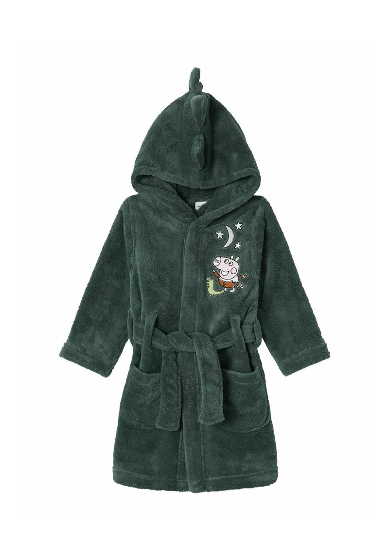 Tamnozeleni flis bathrobe s kapuljačom, s dizajnom dinosaura i nebeskim motivima. Uključuje dva prednja džepa i pojas.