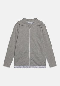 Gray zip-up hoodie with a large hood, long sleeves, two front pockets, and a waistband featuring a brand logo. Soft fabric texture.