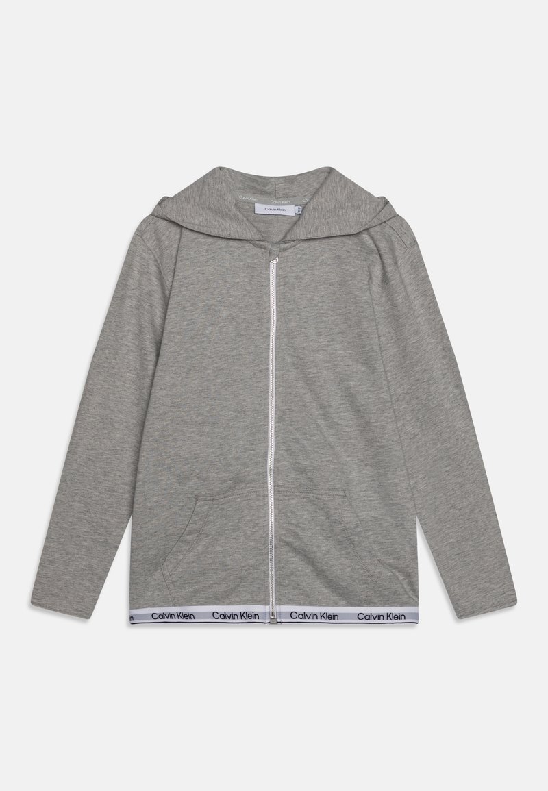 Gray zip-up hoodie with a large hood, long sleeves, two front pockets, and a waistband featuring a brand logo. Soft fabric texture.