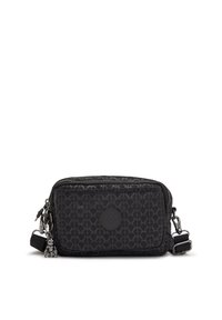 Black zippered crossbody bag made of textured fabric featuring a geometric pattern and a circular logo patch. Includes a detachable strap.