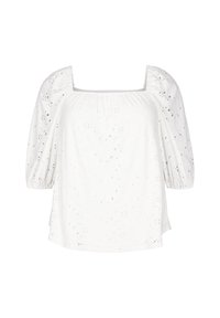 Blusa bianca con scollatura quadrata e maniche a sbuffo, caratterizzata da ricami e motivi ritagliati. Tessuto di cotone morbido e testurizzato.