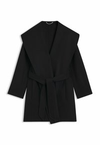 Black wrap coat with wide collar, long sleeves, and a matching belt. Made of a soft, structured fabric with a minimalist design.