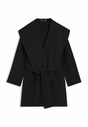 Black wrap coat with wide collar, long sleeves, and a matching belt. Made of a soft, structured fabric with a minimalist design.