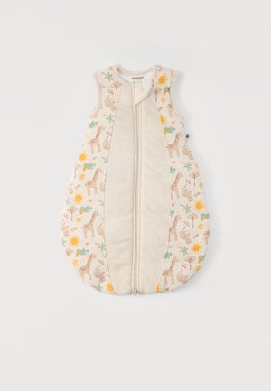 Gigoteuse beige sans manches pour bébé avec fermeture éclair à l'avant, décorée de girafes, soleils, oiseaux et fleurs dans des couleurs pastel douces.