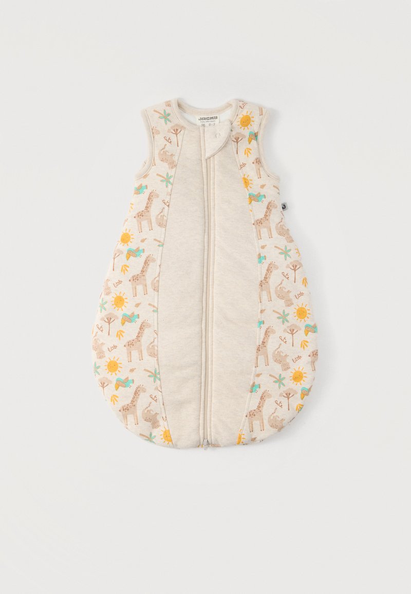 Μπεζ αμάνικο υπνόσακο για μωρό με φερμουάρ μπροστά, διακοσμημένος με καμηλοπαρδάλεις, ήλιους, πουλιά και λουλούδια σε απαλούς παστέλ τόνους.